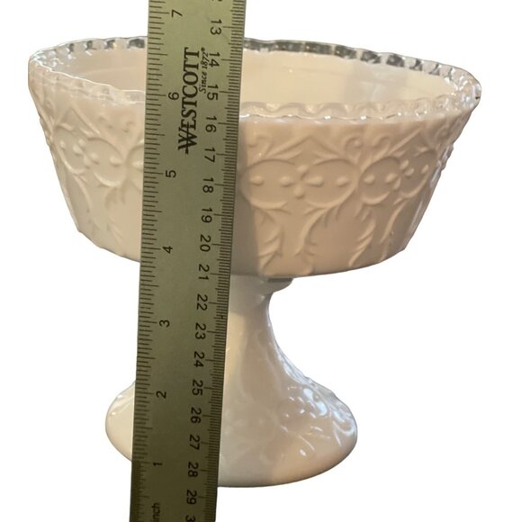 Fenton Milk Glass Compote Spanish Lace Silver Crest Pedestal Vintage 6" x 6.5" - Picture 4 of 12